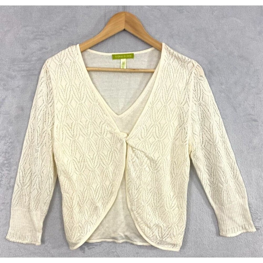 Sigrid Olsen Linen Blend Sweater Large Twist Front Ivory Cream Knit Lightweight
